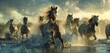 © Boraryn - Herd of horses galloping across the river. Running through the water - Frontal View