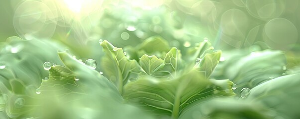 Aufkleber - Close-up of fresh green cabbage leaves with dewdrops in a serene, sunlit garden. Perfect capture of nature's beauty and freshness.