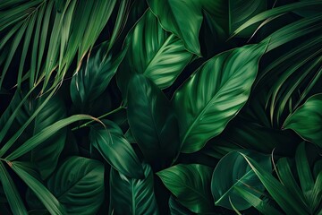 Poster - Lush tropical green leaves creating a natural and fresh jungle backdrop, perfect for nature and botanical themed designs.