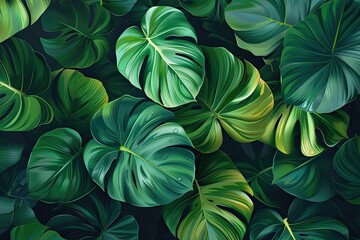Poster - Vibrant green tropical leaves with intricate textures captured in a close-up shot, perfect for nature lovers and botanical enthusiasts.