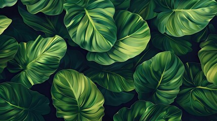 Aufkleber - Lush green tropical leaves creating a vibrant, natural background perfect for nature-inspired designs and projects.