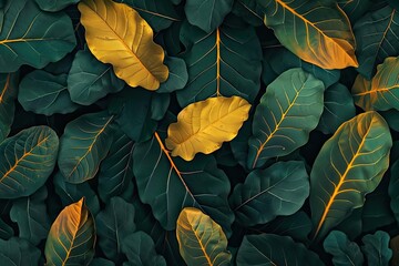 Aufkleber - Vibrant tropical leaves with a mix of green and yellow hues, creating an exotic and lively nature background perfect for various design projects.