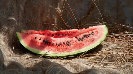 Wall Mural - Cut ripe watermelon with seeds on straw like material