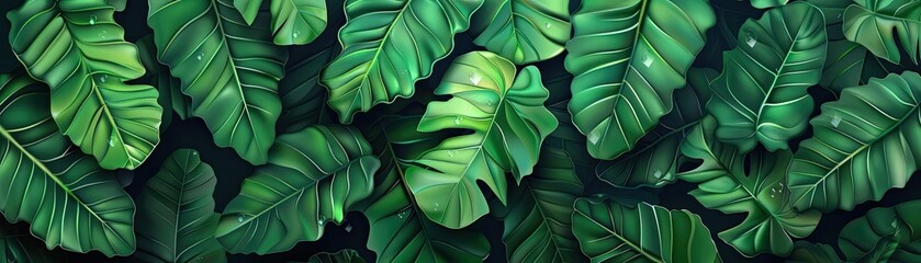 Poster - A lush arrangement of vibrant green tropical leaves creating a natural, exotic background. Perfect for nature, botanical, or tropical themes.