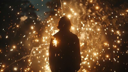 Silhouette of a hooded figure standing amidst a dazzling display of sparks and light.