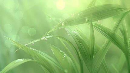 Aufkleber - Close-up of dewdrops on fresh green grass blades, beautifully illuminated by soft light, creating a serene and tranquil natural scene.