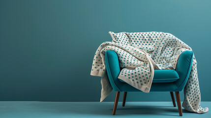 Wall Mural - A minimalist Scandinavian-style throw blanket with a geometric pattern draped over a plush armchair upholstered in teal fabric. 