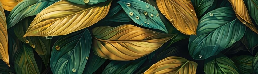 Poster - Close-up of beautiful green and yellow leaves with water droplets showcasing nature's vibrant texture and color.