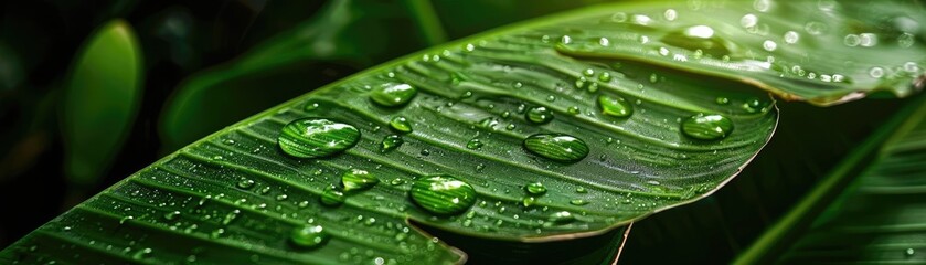Poster - Close-up view of tropical green leaf with water droplets. The lush foliage and dew create a fresh and vibrant atmosphere, perfect for nature themes.