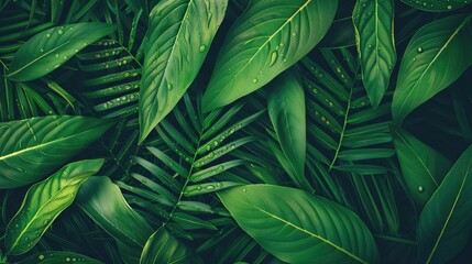 Poster - Lush green tropical leaves with water droplets, creating a refreshing and natural atmosphere. Suitable for backgrounds, wallpapers, and nature themes.