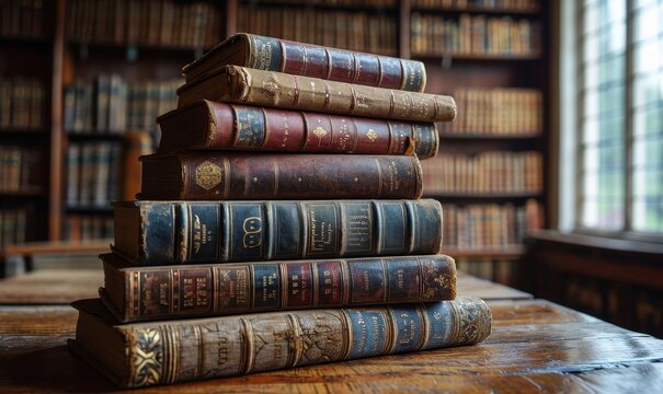 wide banner of old vintage library stack of antique books on old wooden table in fantasy medieval period with copyspace, Generative AI