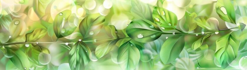 Poster - Vibrant green leaves with water droplets, illuminated by soft sunlight, create a refreshing and serene nature-inspired scene.