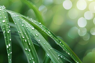 Poster - Close-up of fresh green blades of grass with droplets of morning dew, shimmering in the soft sunlight with a blurry background.