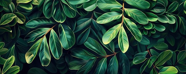 Poster - A close-up view of lush, vibrant green leaves with intricate textures and patterns, showcasing natural beauty.