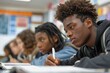 © Thanyaporn - A close-up image of a group of students intensely focused on their work, seated at a school desk, pens in hand, with notebooks and textbooks open. The background shows a classroom setting with