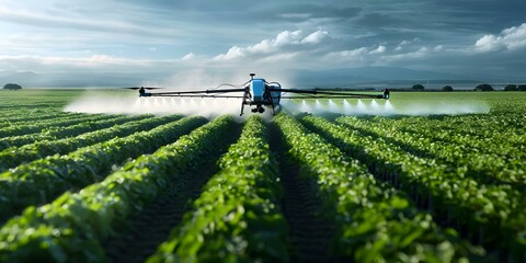Wall Mural - Drone spraying fertilizer on agricultural fields from above for precision farming. Concept Drone Technology, Precision Farming, Agricultural Innovation, Fertilizer Application, Drones in Agriculture