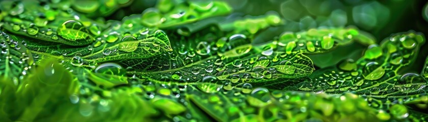 Poster - Close-up image of green leaves with water droplets, showcasing nature's beauty and freshness in a lush, vibrant setting.
