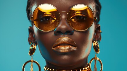 Poster - High fashion studio portrait of young african woman with golden sunglasses, gold accessories, beautiful makeup, luxury style