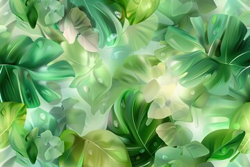 Poster - Seamless pattern of tropical green leaves with dew drops, creating a fresh and vibrant natural background.