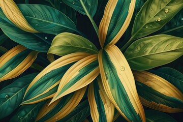 Poster - Vibrant tropical leaves with shades of green and yellow, showcasing water droplets, perfect for nature-inspired backgrounds or designs.
