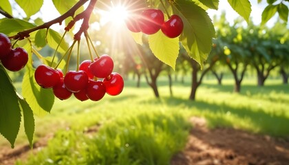 Red cherries hanging on a tree branch with sunlight shining through the leaves in a green orchard