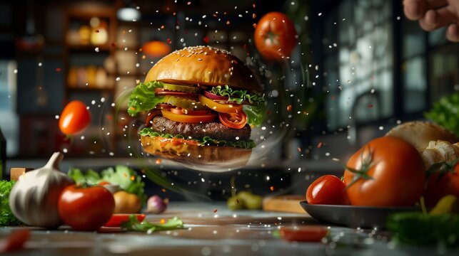 A contemporary city kitchen with a juicy vegetarian burger and its fresh ingredients whirling in a dynamic vortex above a sleek restaurant table, captured in stunning detail