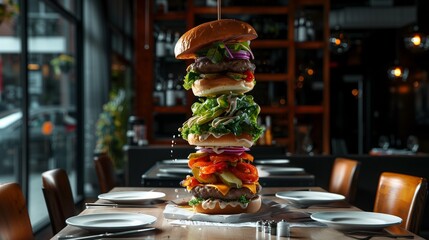 Wall Mural - A lively city kitchen where a vegetarian burger with all its fresh ingredients is caught mid-whirl above a sophisticated restaurant table, photographed in stunning HD