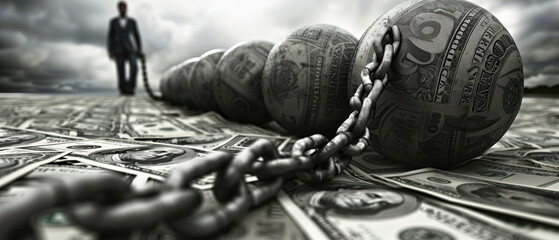 a man dragged by the weight of financial burden. a man is chained to a series of large, heavy balls,