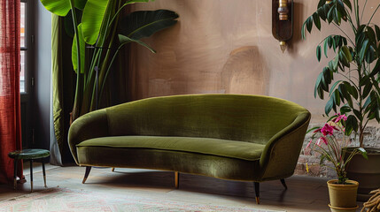Wall Mural - Muted, olive green velvet sofa with slender, tapered legs and a low-profile silhouette. 