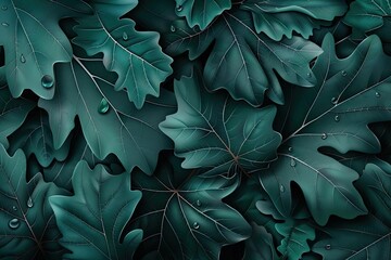 Aufkleber - Close-up of dark green leaves with water droplets, showcasing nature's serene beauty and intricate details in a natural setting.