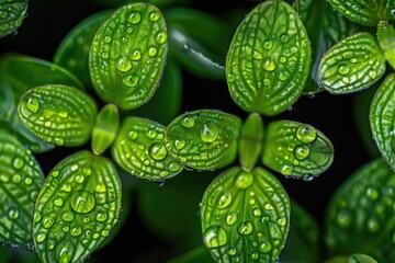 Poster - Close-up of fresh green leaves covered in water droplets, showcasing nature's beauty and the intricate details of plant foliage.