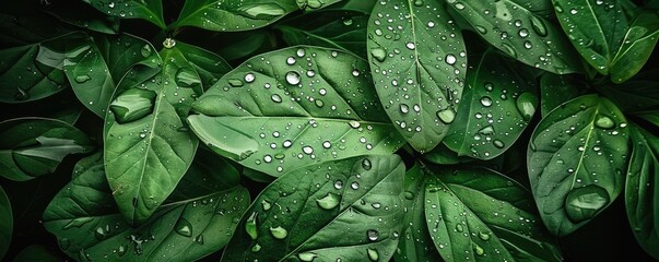 Poster - Close-up of lush green leaves covered in droplets of water, showcasing the intricate details and natural beauty after a fresh rainfall.
