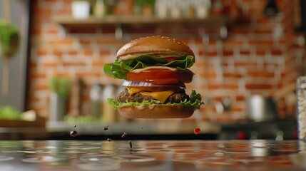 Wall Mural - In a contemporary city kitchen, a juicy vegetarian burger's components are seen spinning above a polished restaurant table, each detail vividly captured in high resolution