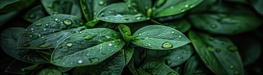 Poster - Close-up of lush green leaves with water droplets, showcasing nature's beauty and freshness in a calming, vibrant scene full of life and detail.
