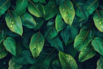 Poster - Close-up of vibrant green leaves with water droplets, creating a refreshing natural texture and calming background image for various uses.