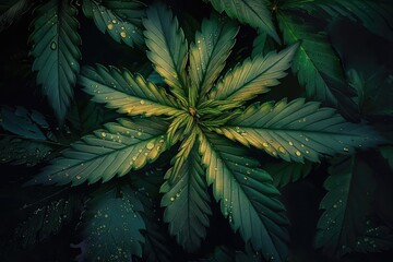 Aufkleber - Close-up of a lush green plant with water droplets on its leaves, showcasing its vibrant foliage and natural beauty.