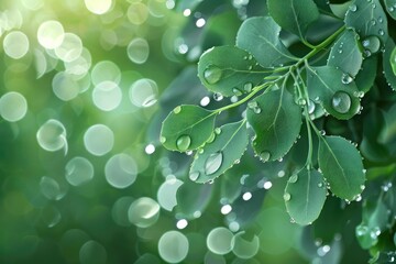 Aufkleber - Vibrant green leaves with morning dew droplets, surrounded by bokeh light spots, depicting fresh and serene nature scenery.