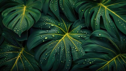 Aufkleber - Beautiful close-up of lush green tropical leaves with water droplets, creating a fresh and natural background perfect for nature-themed projects.