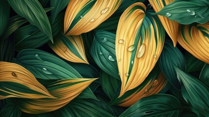 Poster - Vibrant leaves with a mix of green and yellow colors, featuring water droplets, creating a refreshing and natural look.