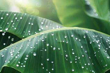 Poster - Close-up of rain droplets on green tropical leaves, capturing the beauty of nature with a serene and fresh atmosphere.