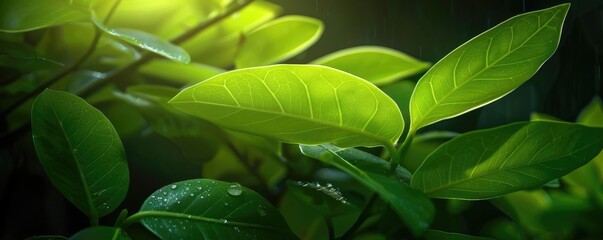Poster - Vibrant green leaves illuminated by sunlight in a lush forest, creating a peaceful and natural atmosphere.