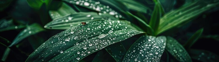 Poster - Close-up of vibrant green leaves with water droplets, in a lush forest, showcasing nature's beauty and freshness in a serene environment.