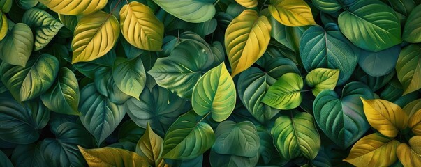 Poster - Vibrant green and yellow leaves forming a lush natural background. Close-up of foliage showcasing texture and color. Ideal nature view.