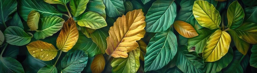 Poster - Vibrant green and yellow leaves in a lush composition, showcasing nature's beauty with a mix of rich hues and intricate textures. Perfect for any use.