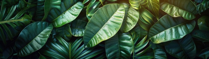 Poster - Lush tropical foliage with green leaves. Ideal for nature, garden, or environmental themes, offering a fresh, vibrant, and natural backdrop.