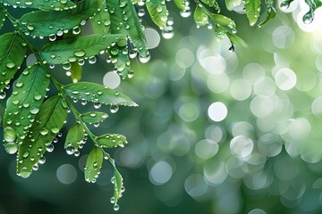 Poster - Close-up of fresh green leaves with dew drops in the morning light. Nature background with bokeh effect. Perfect for eco and organic concepts.