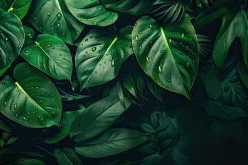 Poster - Close-up of lush, green tropical leaves with water droplets, creating a fresh, natural background ideal for nature and botanical themes.