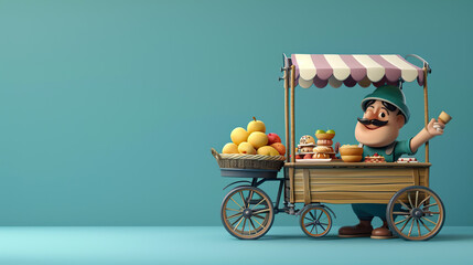 3d cartoon vendor with a pushcart on isolate blue color background