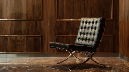 Wall Mural - The crisp lines of a Barcelona chair against a backdrop of polished walnut paneling. 