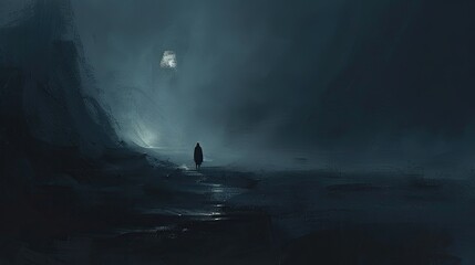 Wall Mural - A lone figure navigates through the darkness guided